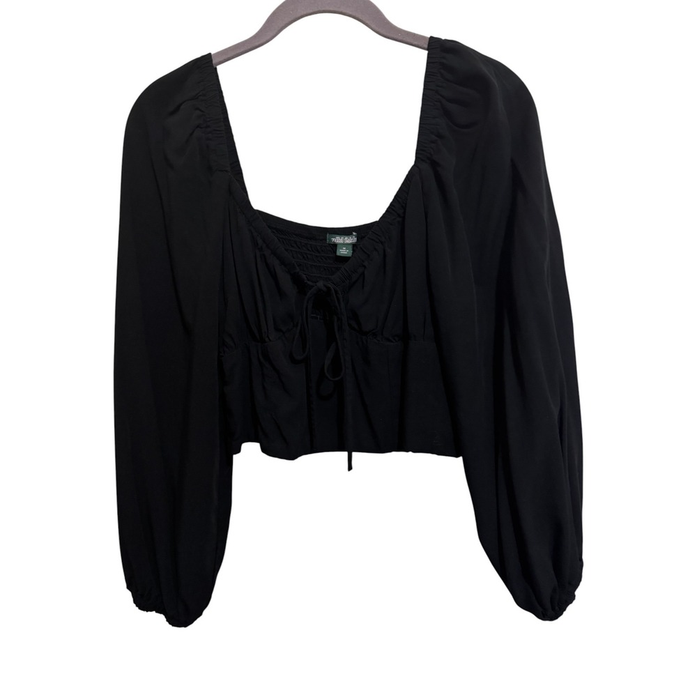 Wild Fable Crop Top Womens Medium Black Whimsigoth Boho Smocked Tie Front Blouse